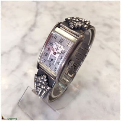 Montre quartz Pierre-Bex avec bracelet laiton plaqué argent et strass (1980-1990)