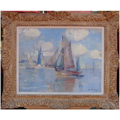 MORCHAIN Paul Peinture 20è Bateaux de pêche sortant du port de La Rochelle Huile signée 3