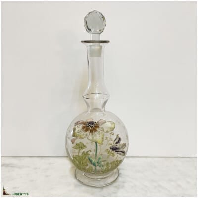 Carafe en verre émaillé décor d’anémones , haut. 23 cm (Deb. XXe)