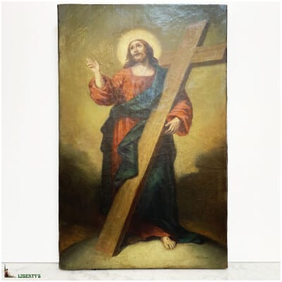 Peinture sur toile « Christ portant sa croix », 32 cm x 51 cm, XIXe