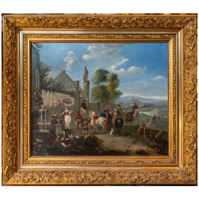 Scène de Fête au village « tableau Flamand XIXème « 