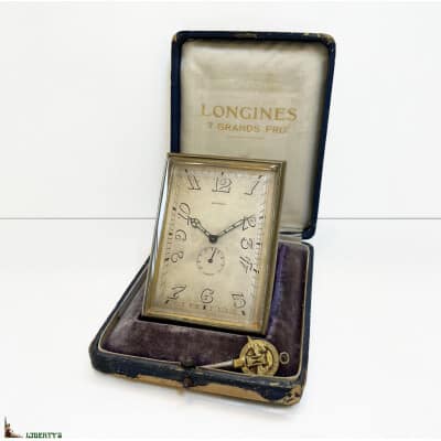 Pendulette de voyage Art-Deco Longines avec mouvement 8 jours et réserve de marche avec sa clé et sa boîte, 8.5 cm x 6 cm, (Deb XXe)