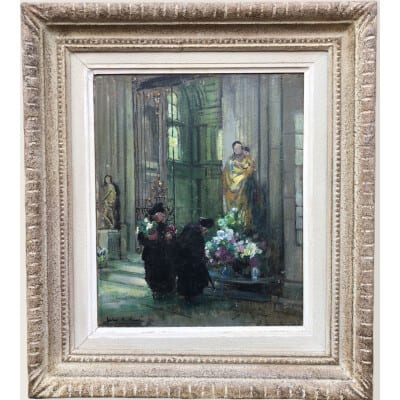 HERVE Jules René Tableau Impressionniste XXè Les bigotes à l’église à Langres Huile sur panneau Signée