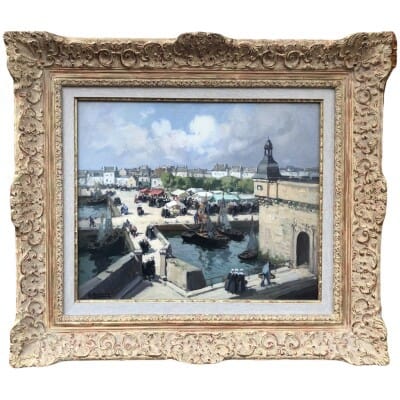 BARNOIN Henri tableau 20ème siècle « Concarneau (Bretagne) Le marché » Peinture huile sur toile signée 3