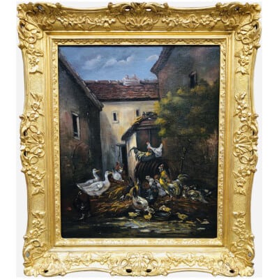 GUILLEMINET Claude Peinture 19ème siècle Ecole de Barbizon Le réveil de la basse cour Huile sur toile signée 3