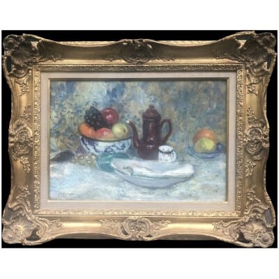CAMOIN Charles Peinture 20è siècle Nature morte Coupe de fruits et cafetière Huile sur toile signée 3
