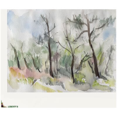 Aquarelle “Forêt” signée Ch. Beroux, 40 cm x 30 cm, (1987)