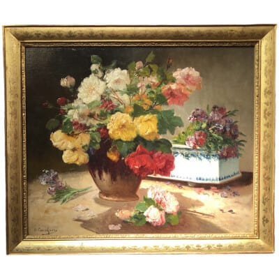 CAUCHOIX Eugène Bouquet de roses et sa jardinière huile sur toile signée 3