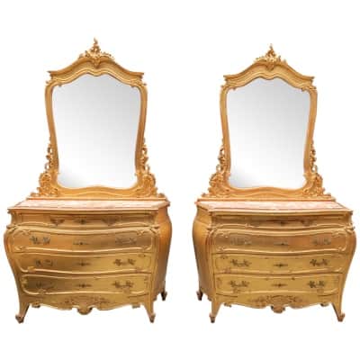 Paire de commodes avec miroirs en bois doré et dessus en marbre, XIXe