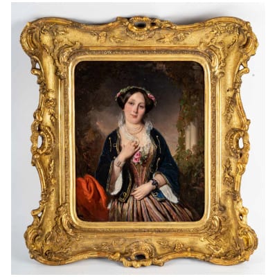 Henri-Guillaume Schlesinger (1814-1893) – Portrait d’une élégante Dame, huile sur panneau vers 1849