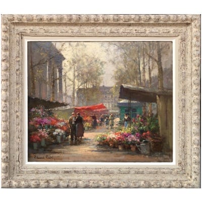 CORTES Edouard Peinture Française Le marché aux fleurs de La Madeleine Huile sur panneau signée