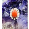 Bague Or Jaune 18 Carat, Cabochon Corail Beau Rouge Diamants Opales 14