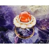 Bague Or Jaune 18 Carat, Cabochon Corail Beau Rouge Diamants Opales 18