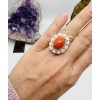 Bague Or Jaune 18 Carat, Cabochon Corail Beau Rouge Diamants Opales 15