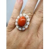 Bague Or Jaune 18 Carat, Cabochon Corail Beau Rouge Diamants Opales 22