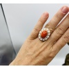 Bague Or Jaune 18 Carat, Cabochon Corail Beau Rouge Diamants Opales 24