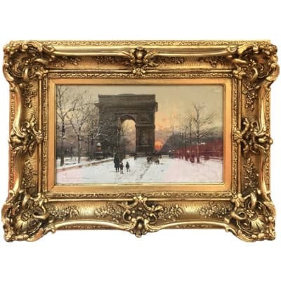 GALIEN LALOUE Peinture Française 20è Paris Les Champs Elysées Et l’Arc De Triomphe en hiver Gouache signée Certificat d’authenticité 3