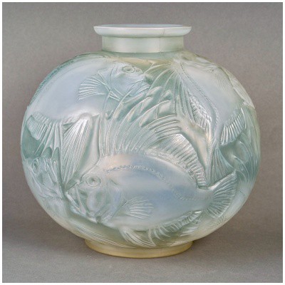 1921 René Lalique – Vase Poissons Verre Opalescent Patiné Bleu Vert
