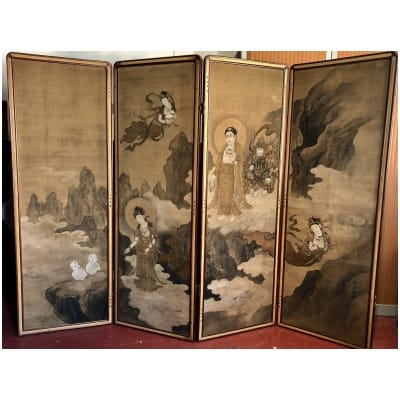 Paravent japonais à 4 panneaux sur soie de Bouddha Et Boddhisattvas Par Akihura 3