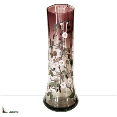 Vase rouleau verre mauve émaillé avec branches de cerisiers de Lily (Fin XXe), haut. 35.5 cm
