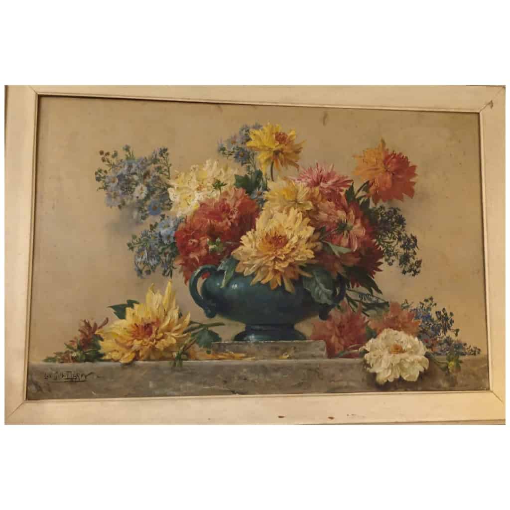 GRAND TABLEAU H/T bouquet de dahlias, par Gilbert Darpy. Signé 5
