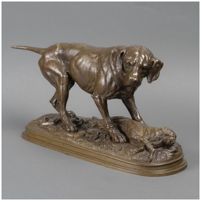 Sculpture – Chien Gardant Un Lièvre , Paul – Édouard Delabrièrre (1829-1912) – Bronze