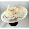 Chapeau – capeline saucer en sisal beige, rosé et écru ornée de fleurs et de feuilles roulottées à la main – Hat 5