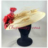 Chapeau Athena – capeline saucer en sisal couleur naturelle, garnie de fleurs rouge nuancées et de paille bouclée – Hat 5