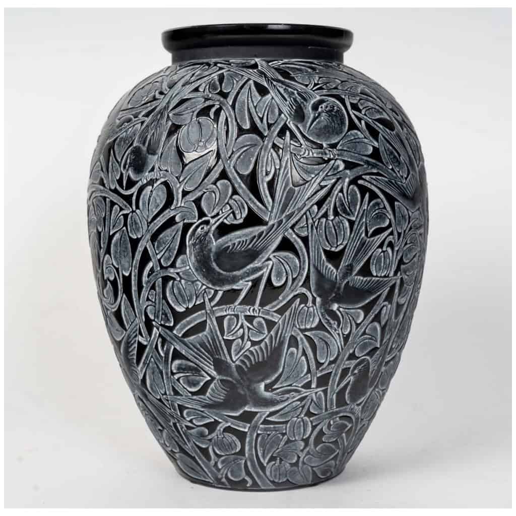 1923 René Lalique – Vase Martin Pêcheurs Verre Noir Patiné Blanc 3