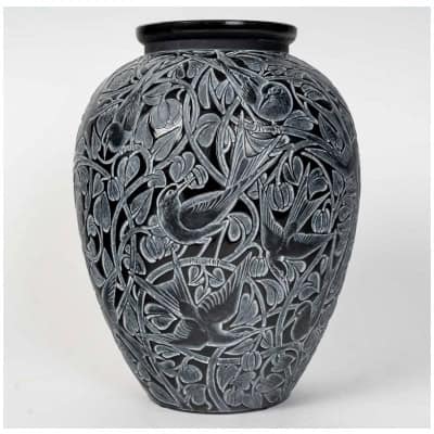 1923 René Lalique – Vase Martin Pêcheurs Verre Noir Patiné Blanc 3