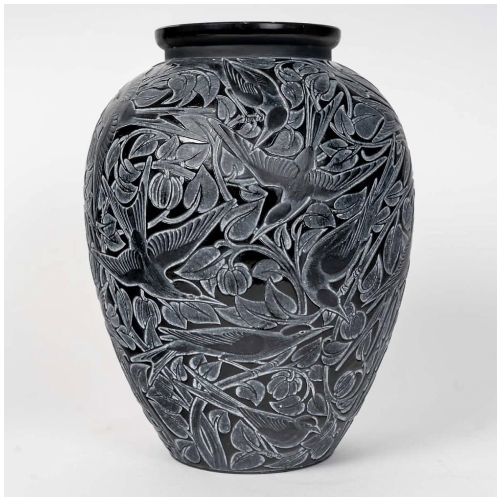 1923 René Lalique – Vase Martin Pêcheurs Verre Noir Patiné Blanc 4