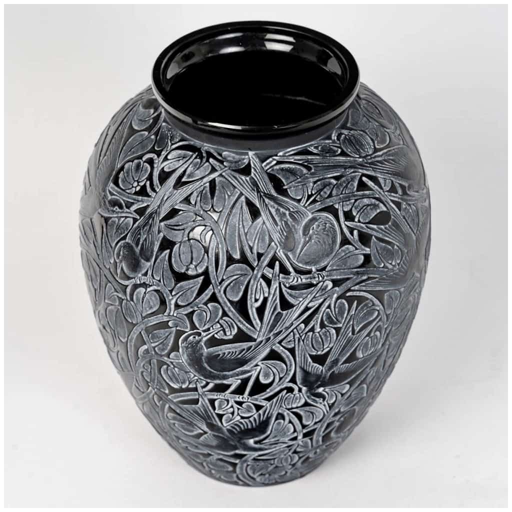 1923 René Lalique – Vase Martin Pêcheurs Verre Noir Patiné Blanc 5