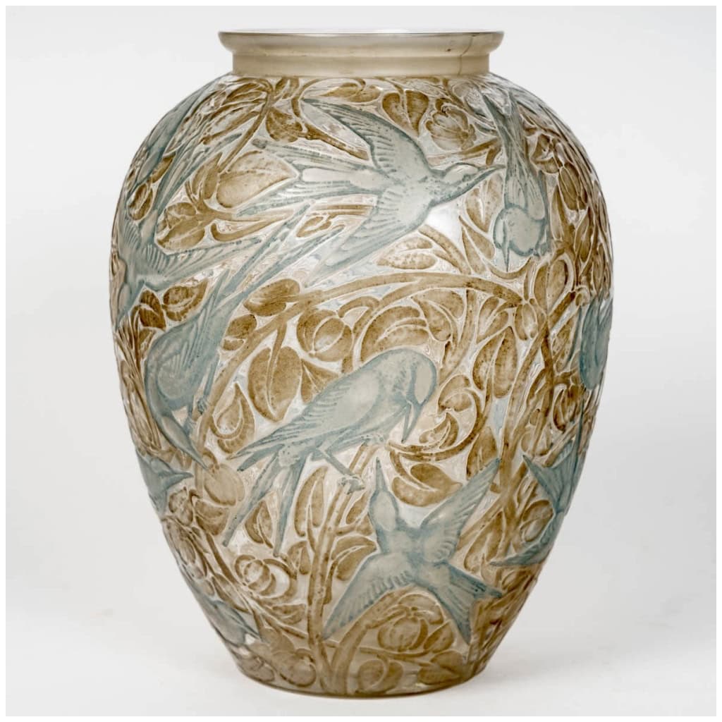 1923 René Lalique – Vase Martin Pêcheurs Verre Blanc Patiné Sépia Et Vert 3