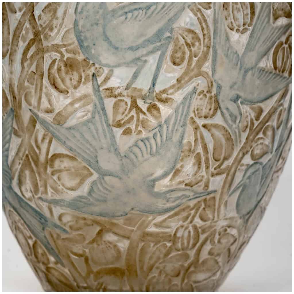 1923 René Lalique – Vase Martin Pêcheurs Verre Blanc Patiné Sépia Et Vert 6