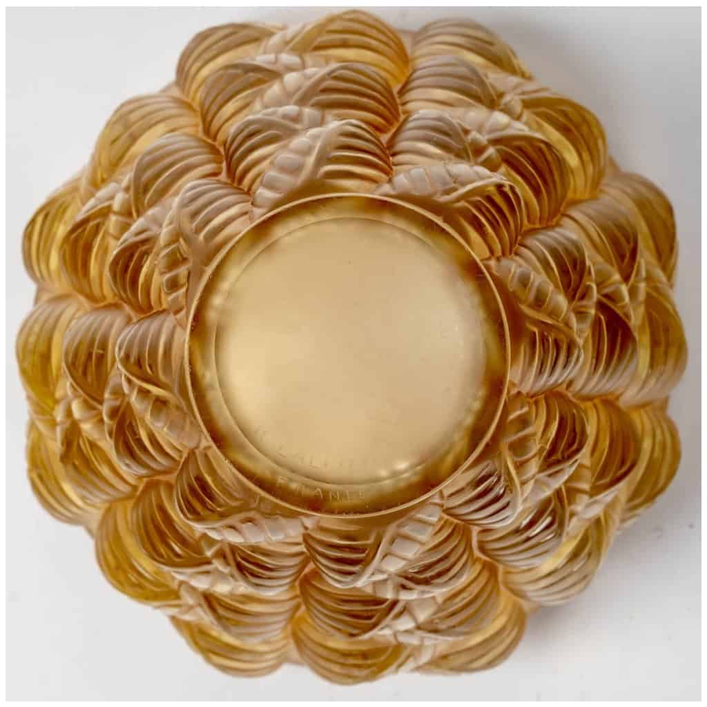 1927 René Lalique – Vase Moissac Verre Jaune Ambré Patiné Sépia 7