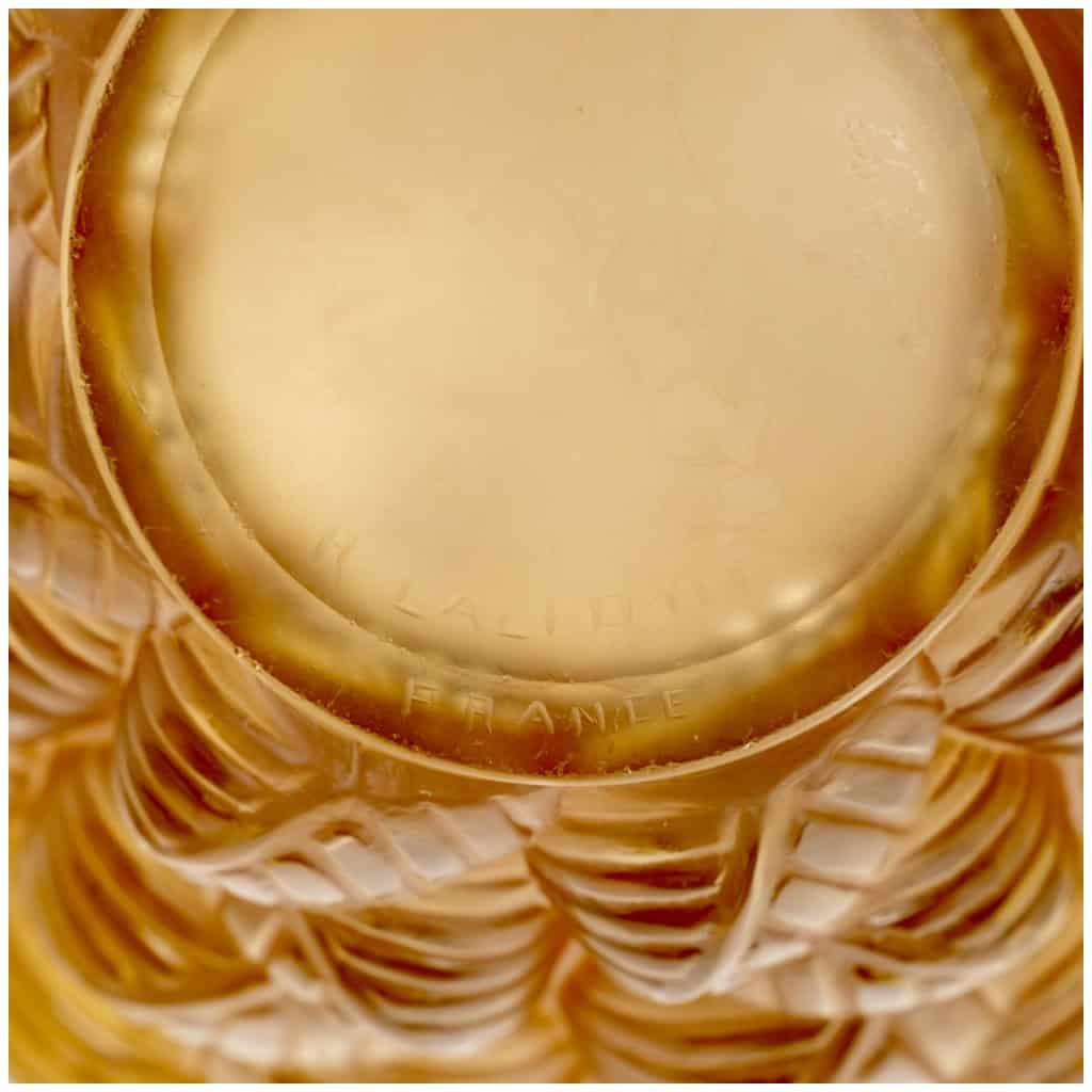 1927 René Lalique – Vase Moissac Verre Jaune Ambré Patiné Sépia 8