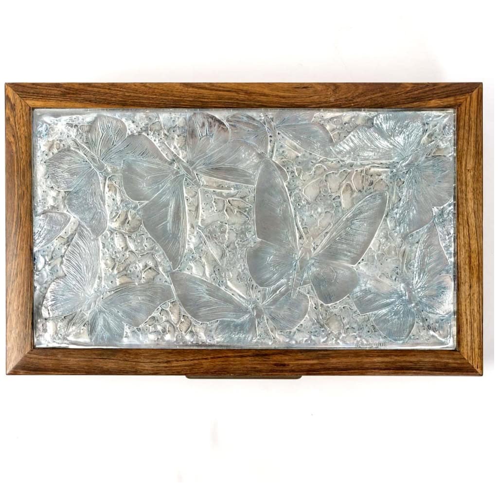 1920 René Lalique – Coffret Boîte Papillons Verre Blanc Patiné Bleu 4