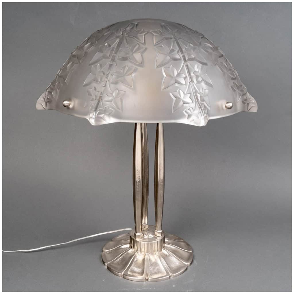 1927 René Lalique – Paire De Lampes Lierre Verre Blanc Bonze Nickelé 5