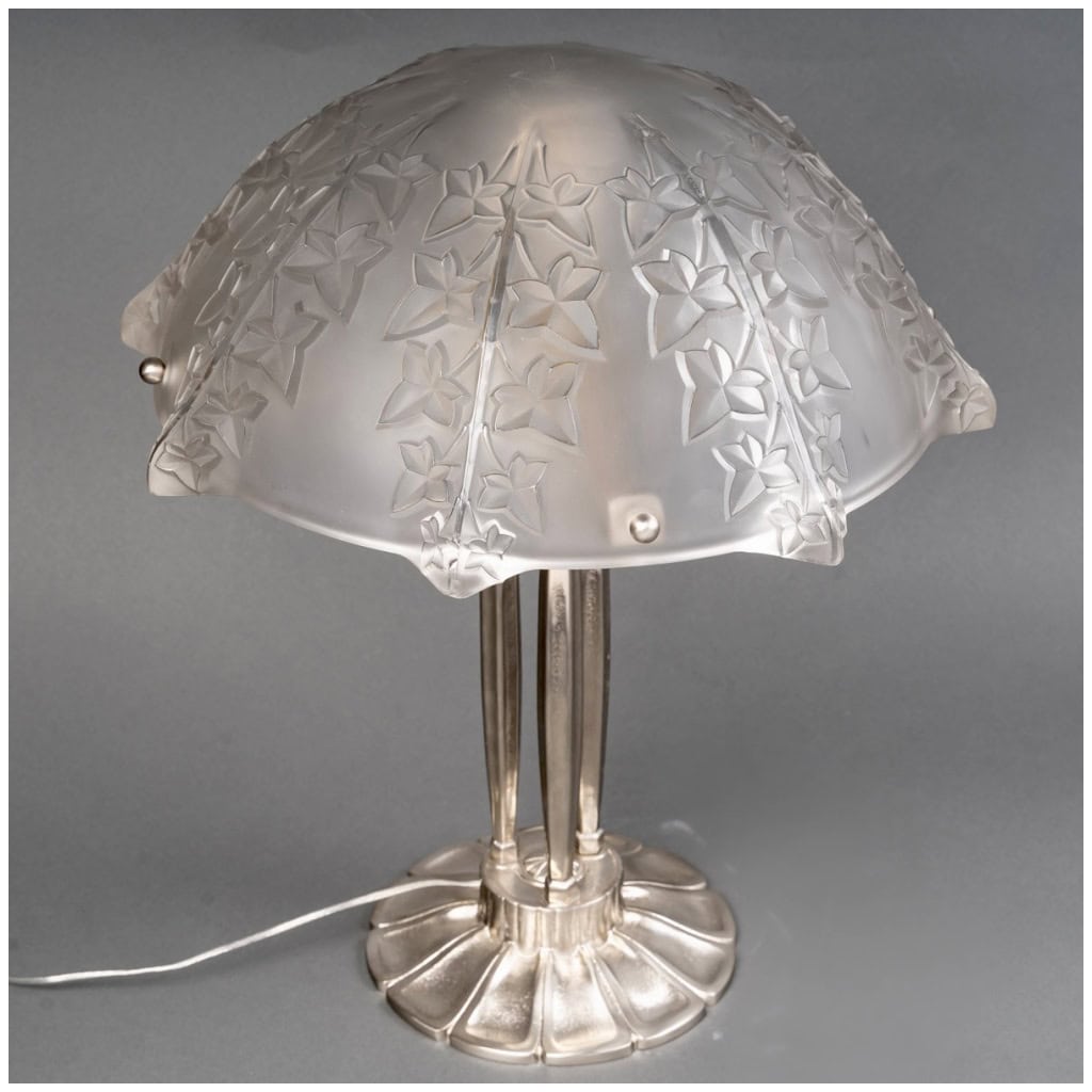 1927 René Lalique – Paire De Lampes Lierre Verre Blanc Bonze Nickelé 6