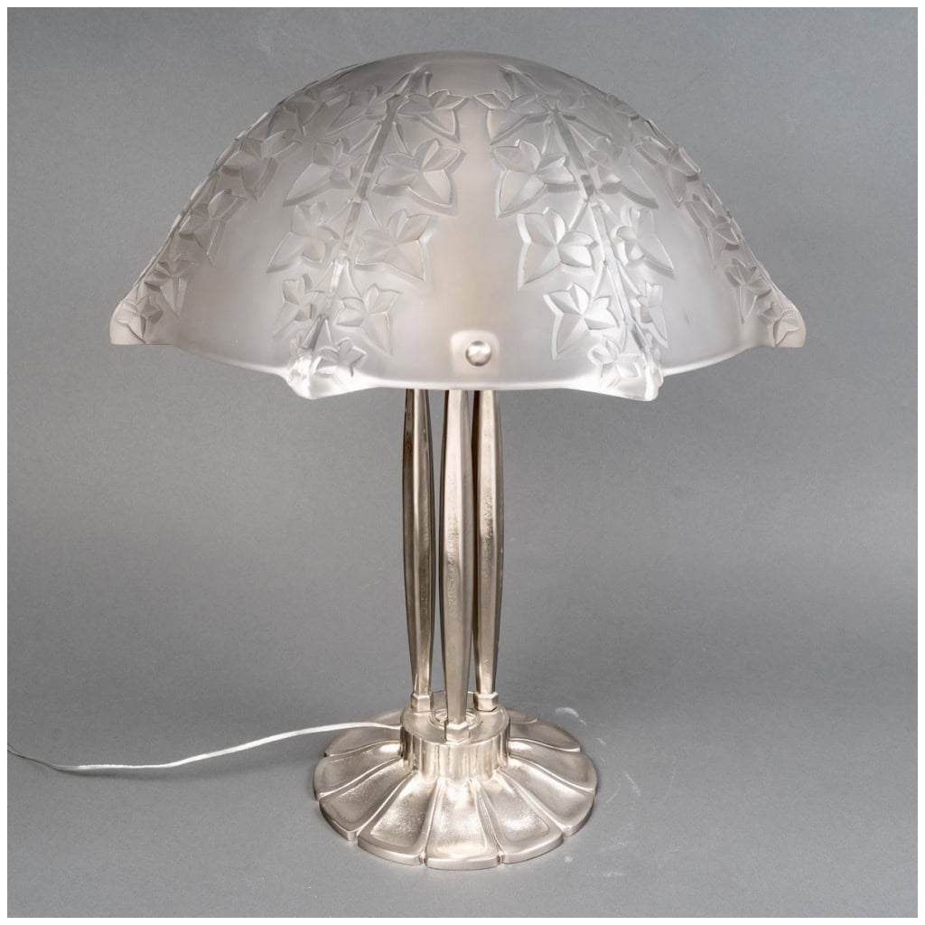 1927 René Lalique – Paire De Lampes Lierre Verre Blanc Bonze Nickelé 7