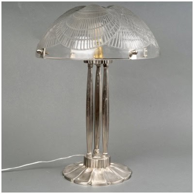 1921 René Lalique – Lampe Coquilles Verre Blanc Bonze Nickelé