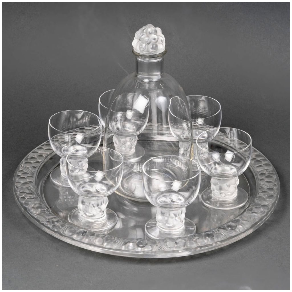 1931 René Lalique – Service Thomery Verre Blanc – 6 Verres, 1 Carafe, 1 Plateau 3