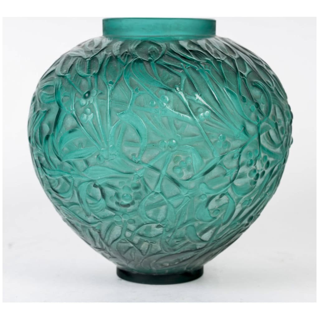 1920 René Lalique – Vase Gui Verre Vert Canard Patiné Blanc 4