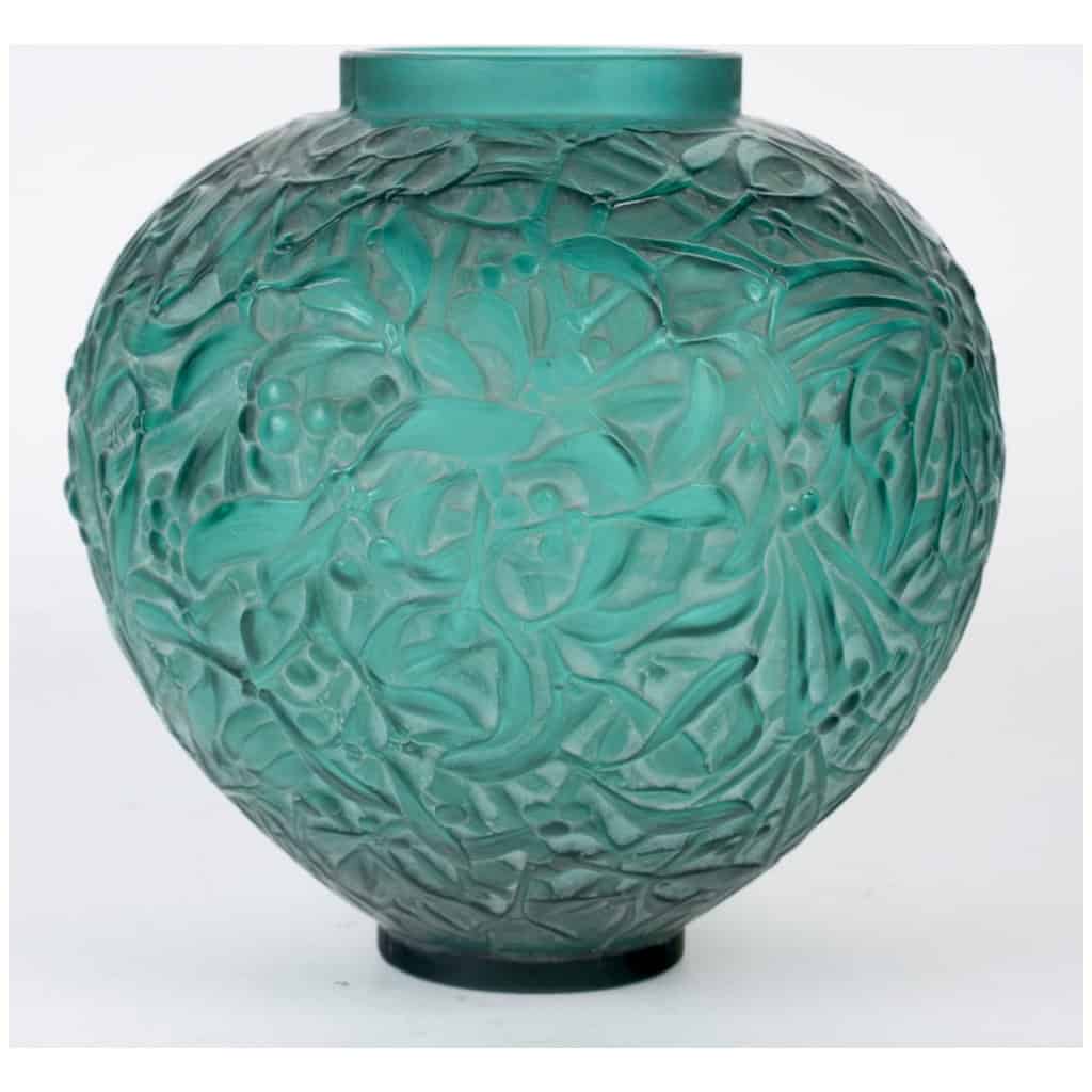 1920 René Lalique – Vase Gui Verre Vert Canard Patiné Blanc 5