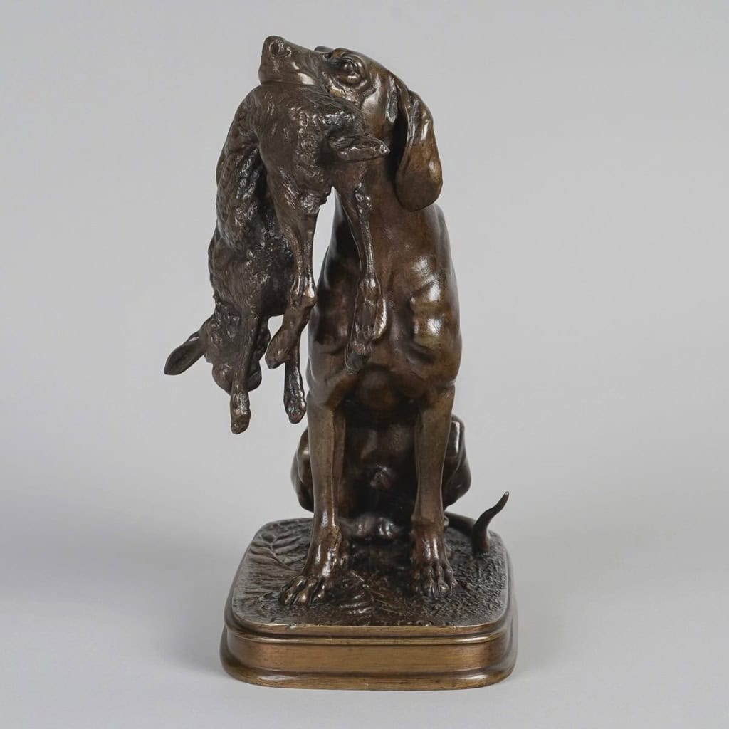 Sculpture – Chien Tenant Un Lièvre Dans La Gueule , Ferdinand Pautrot (1832 – 1874) – Bronze 5