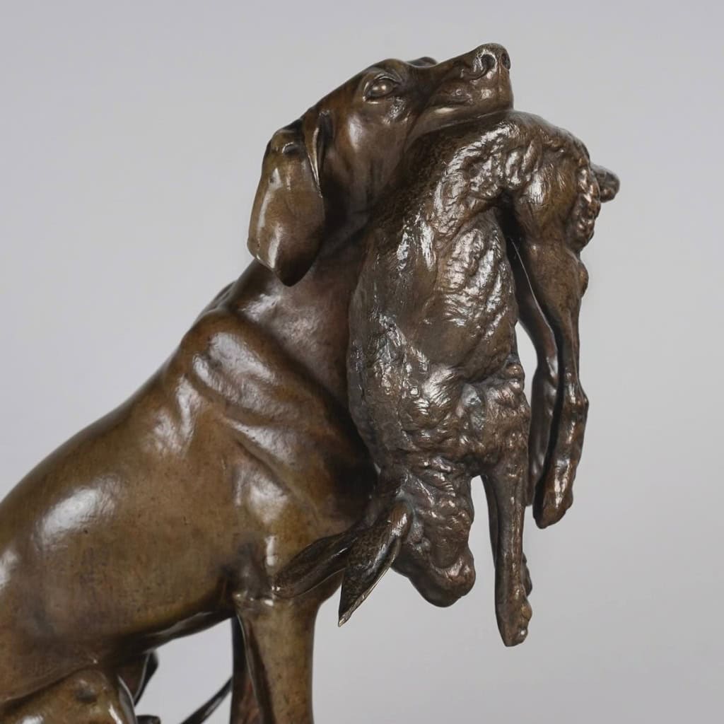 Sculpture – Chien Tenant Un Lièvre Dans La Gueule , Ferdinand Pautrot (1832 – 1874) – Bronze 8