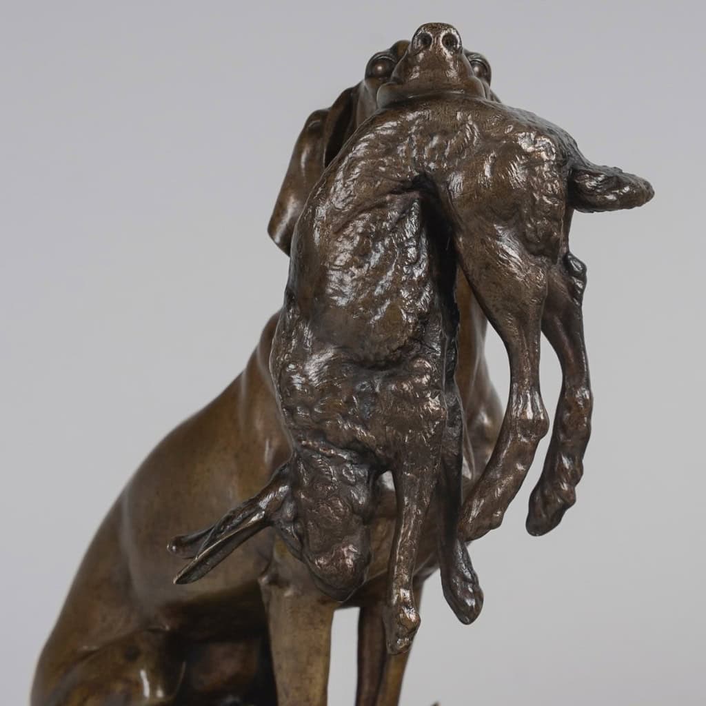 Sculpture – Chien Tenant Un Lièvre Dans La Gueule , Ferdinand Pautrot (1832 – 1874) – Bronze 4