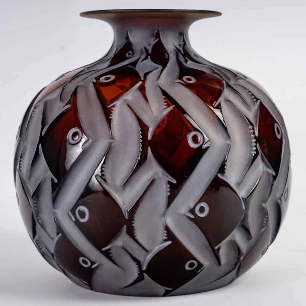 1928 René Lalique – Vase Penthièvre Verre Ambre Foncé Patiné Blanc 3