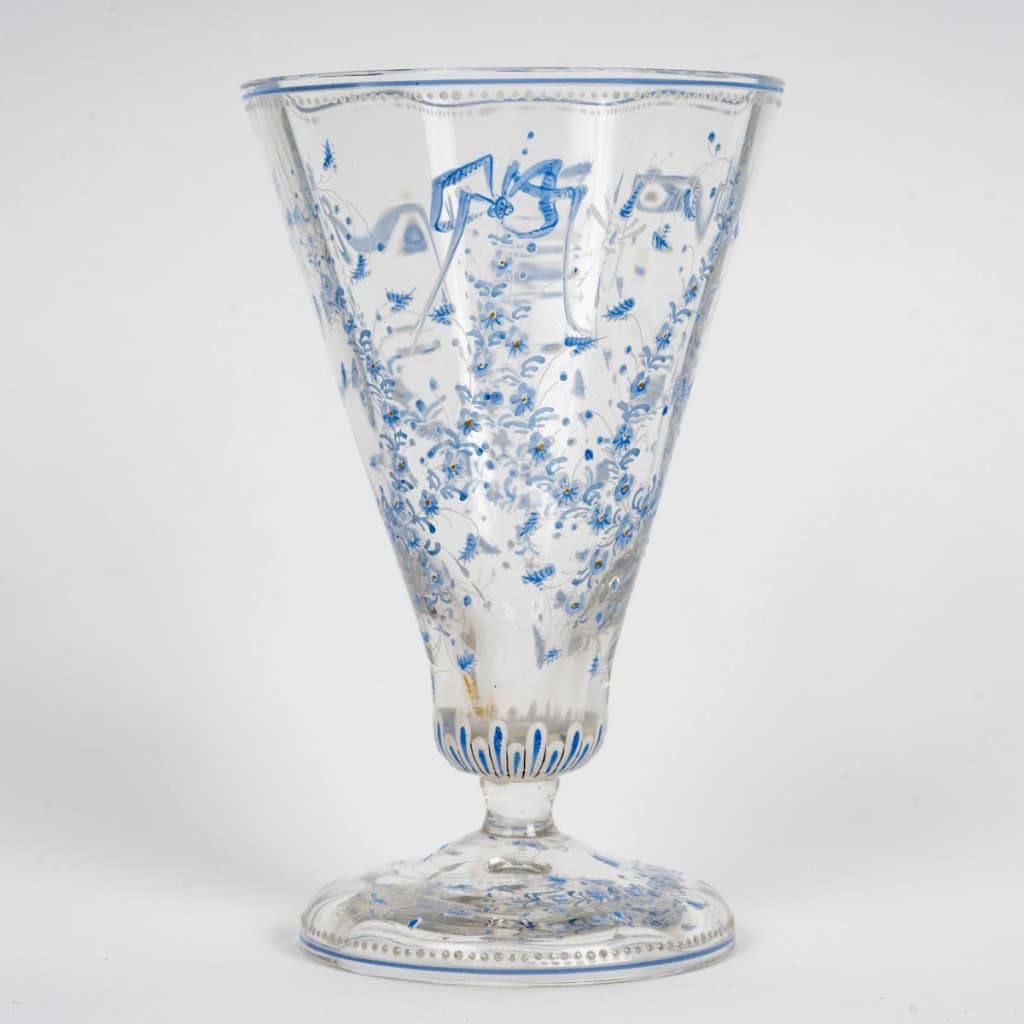 Emile Gallé – Vase Cornet Verre Emaillé Bleu Et Blanc Libellules Et Fleurs 3