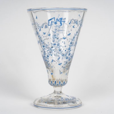 Emile Gallé – Vase Cornet Verre Emaillé Bleu Et Blanc Libellules Et Fleurs